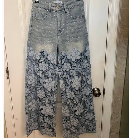 Bayeas High Waist Crystal Embellished Lace Wide Leg Jeans 26 Lesley Blue Boho - Picture 3 of 11
